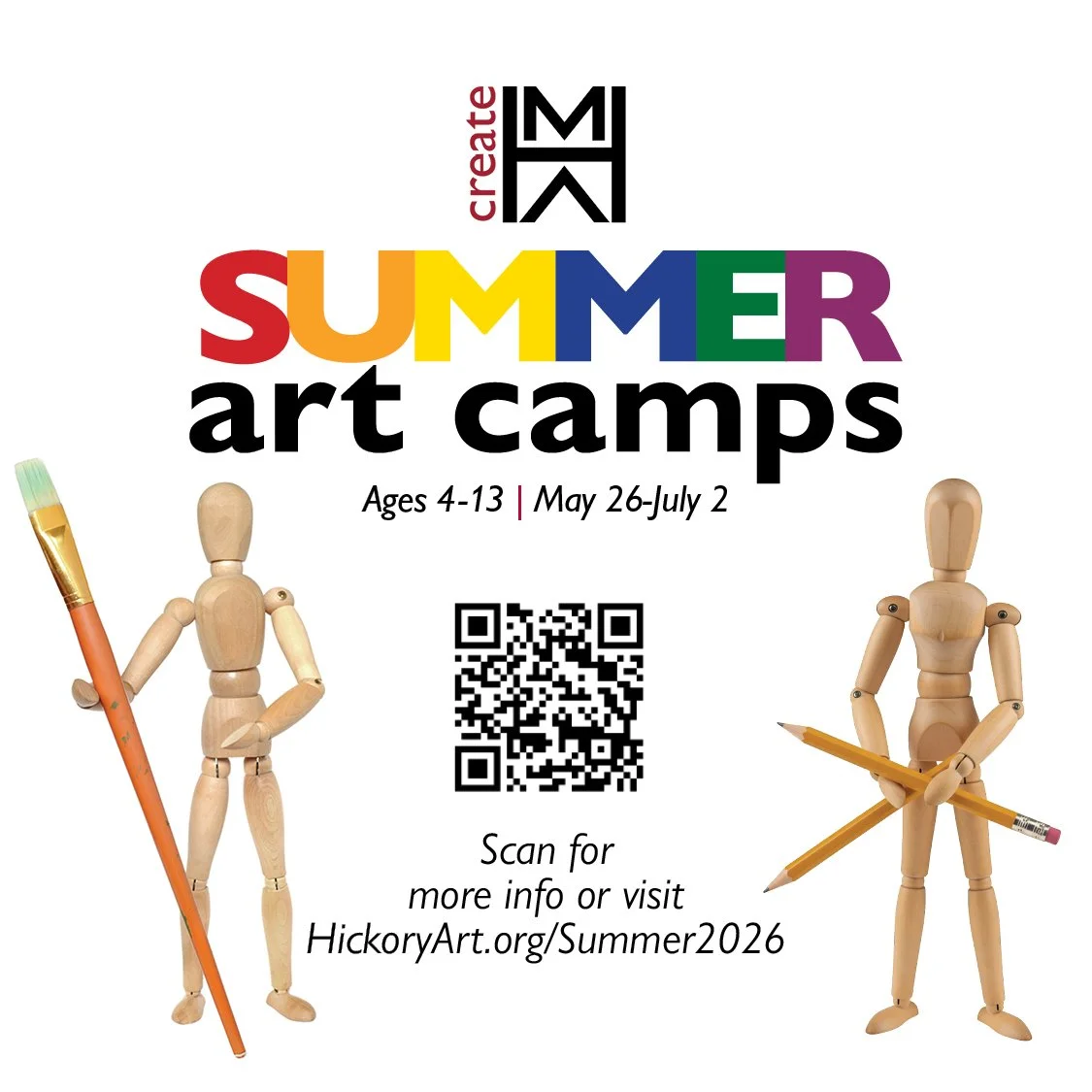 Looking for something creative for the kids this summer? Check out our Summer Art Camps for Ages 4-13. Experiment with different art mediums and learn about the basic foundations of art. 

Visit www.hickoryart.org/summer2026 for more information.