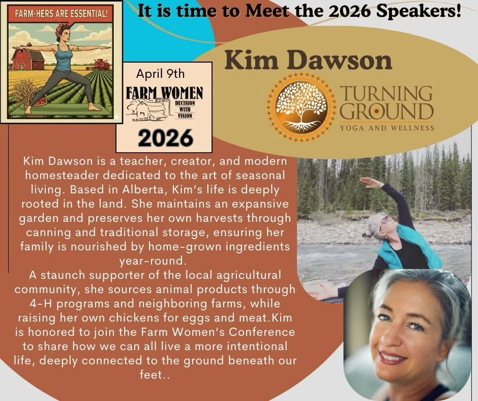 Please meet our next Speaker: 

Kim Dawson - Turning Ground Yoga 🧘&zwj;♀️
Olds, Alberta

Kim&rsquo;s philosophy of Turning with the Seasons and Living a Grounded Life extends beyond the kitchen and garden. She balances the busy demands of raising th