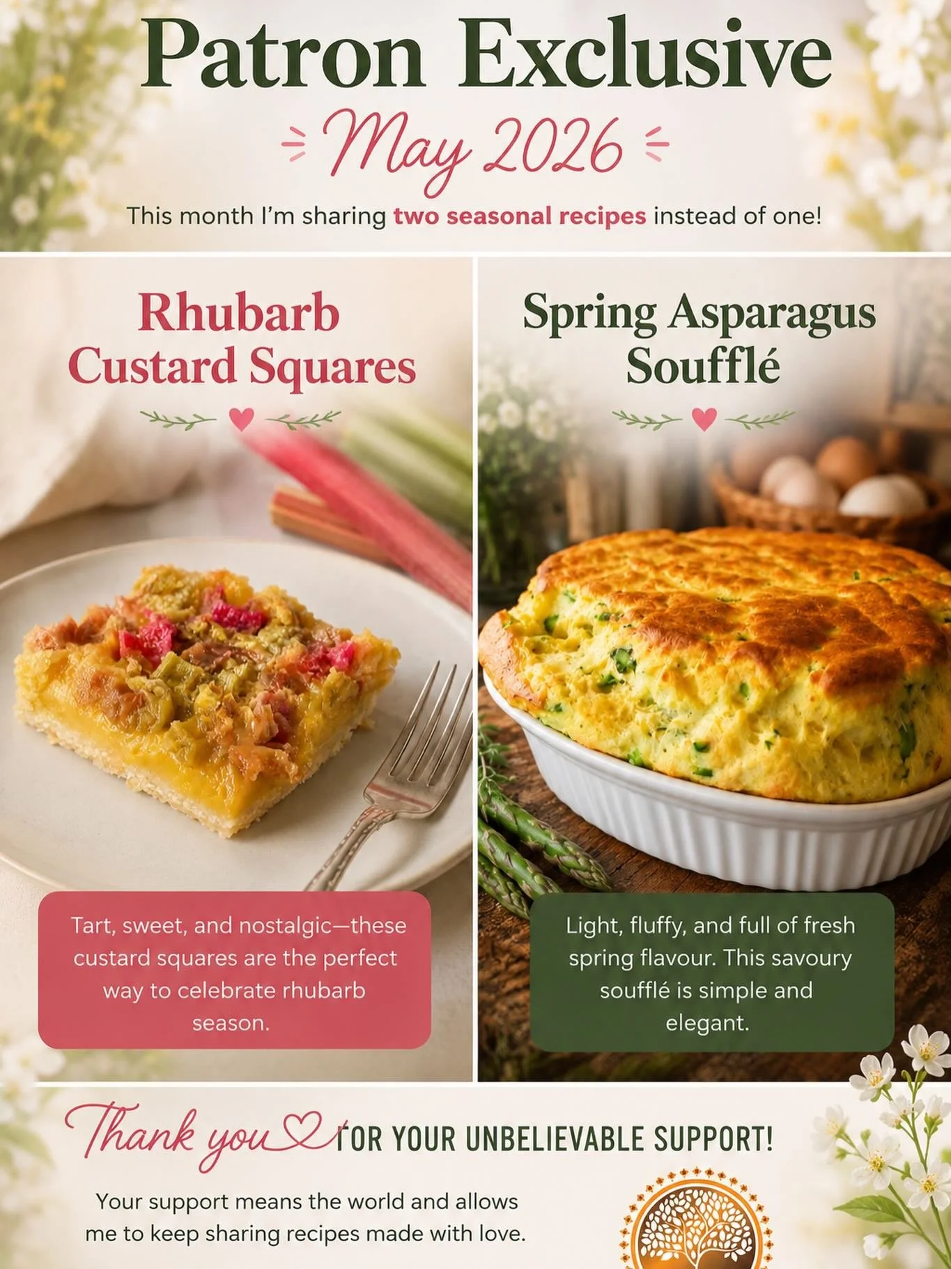 ✨ Two seasonal recipes instead of one this month! ✨

May on Patreon was all about celebrating fresh spring flavours straight from the garden and farmhouse kitchen. This month&rsquo;s exclusive recipes featured a bright and tangy Rhubarb Custard Squar