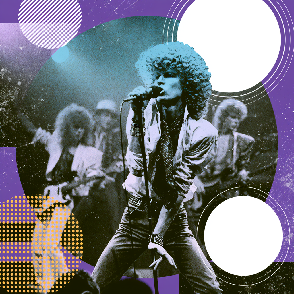 A black and white image of a singer with curly hair passionately performing on stage, holding a microphone with other band members visible in the background. The photo is stylized with colorful geometric shapes and patterns overlaying the image.