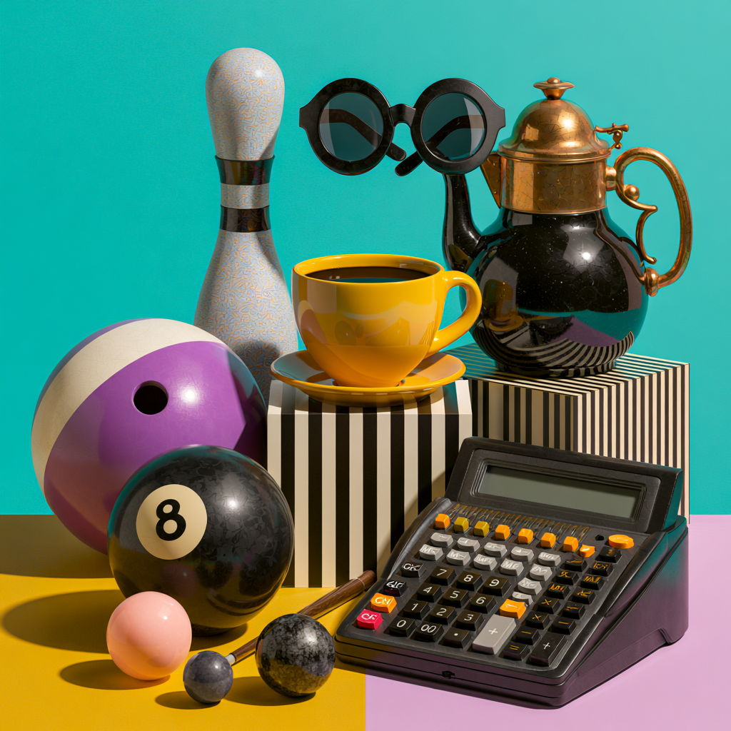 Colorful composition with objects including a bowling pin, sunglasses, teapot, yellow coffee cup on a striped block, black and purple ball, measuring balls, a calculator, and a colorful background.
