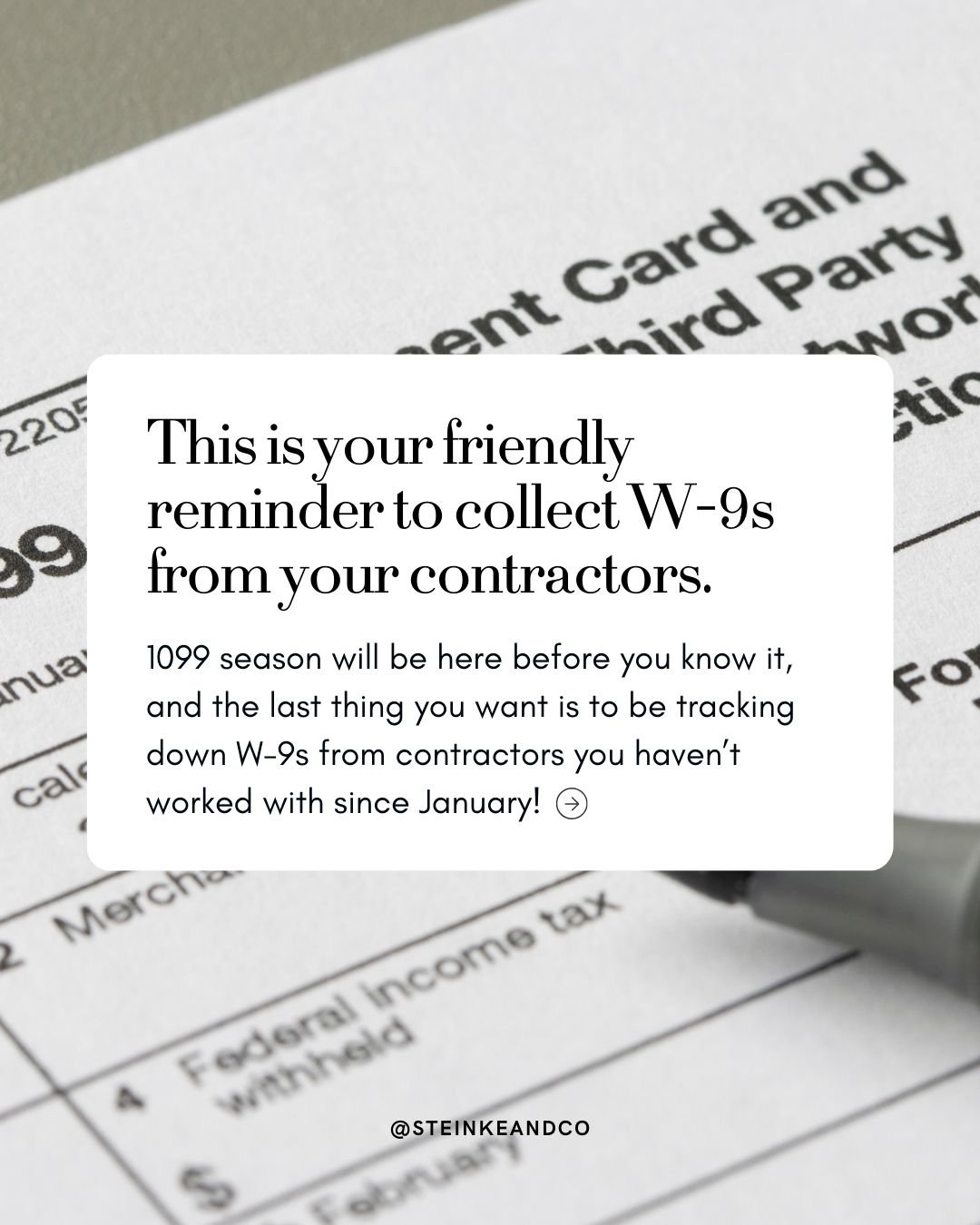 I know it's only November, but you'd be shocked just how fast the 1099 deadline in January will sneak up on you! 😮

One of the biggest problems my clients face at the start of the year is chasing down W-9s from their contractors. 👀

You'll need thi
