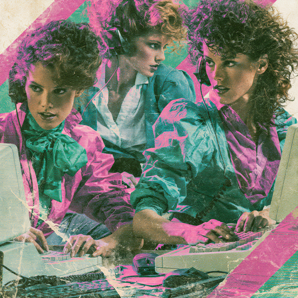 Three women wearing 1980s style clothing and large headphones working on computers, with a colorful, vintage aesthetic.