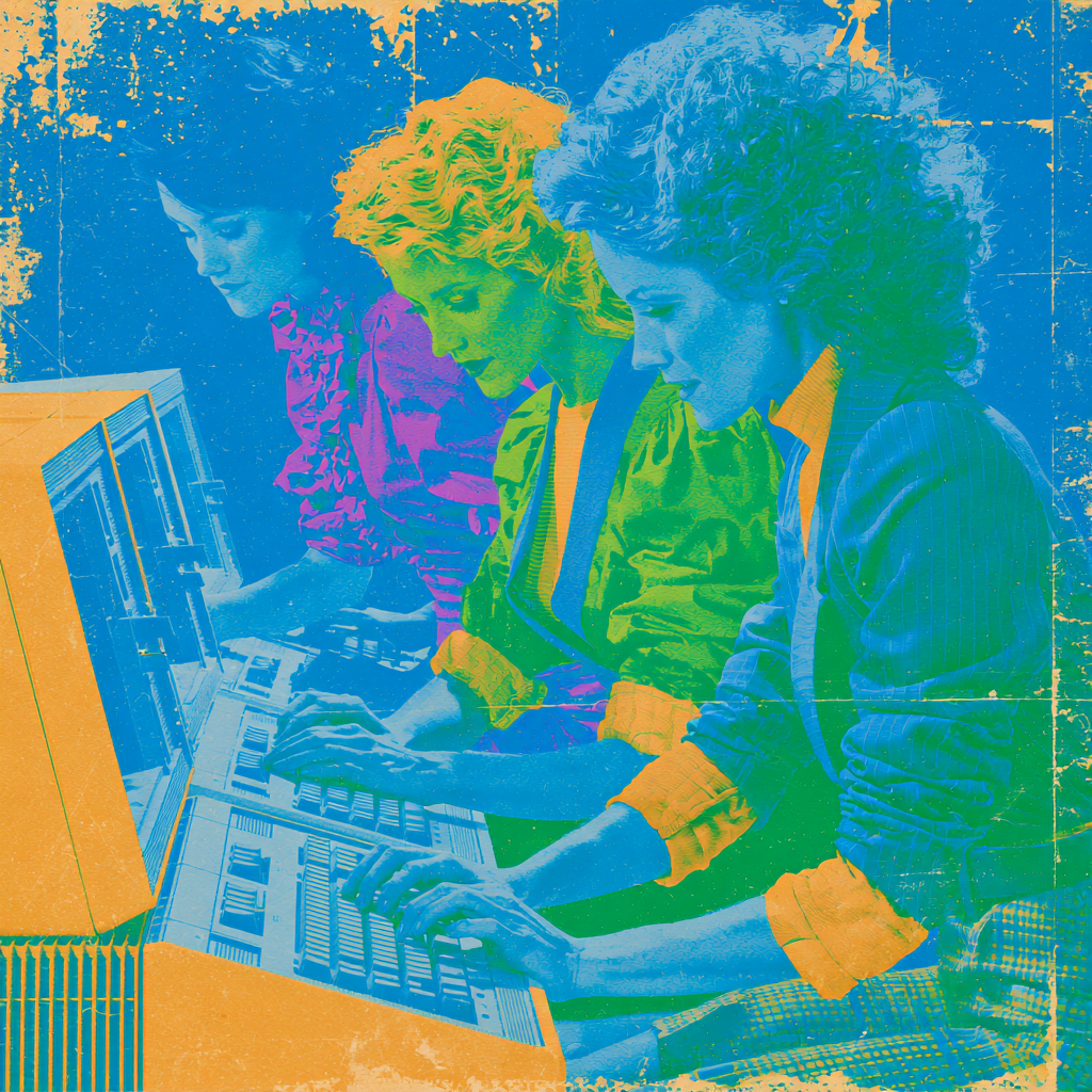 Three women using an early model computer with a colorful, stylized filter.
