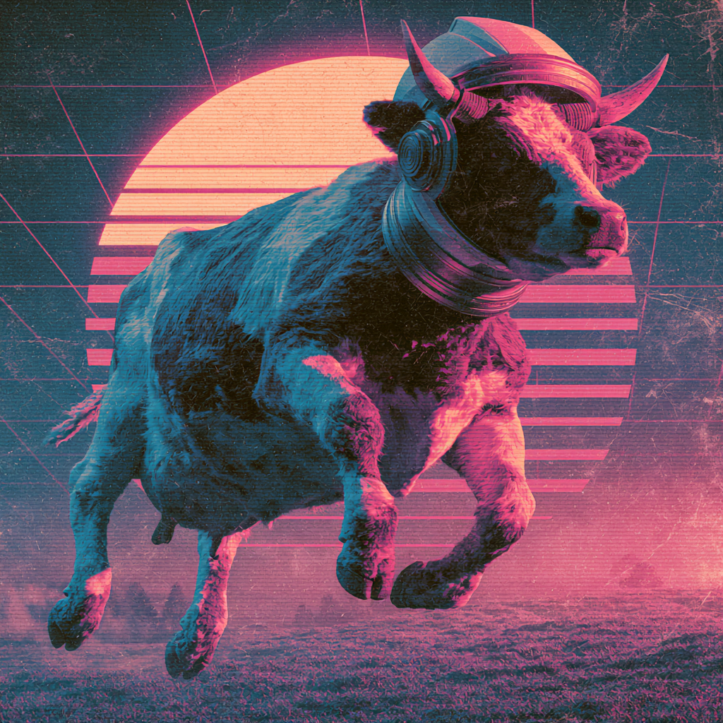 Neon-colored image of a bull wearing a virtual reality headset and headphones, with a retro sun in the background and a grid pattern on the ground, all in a vaporwave aesthetic.