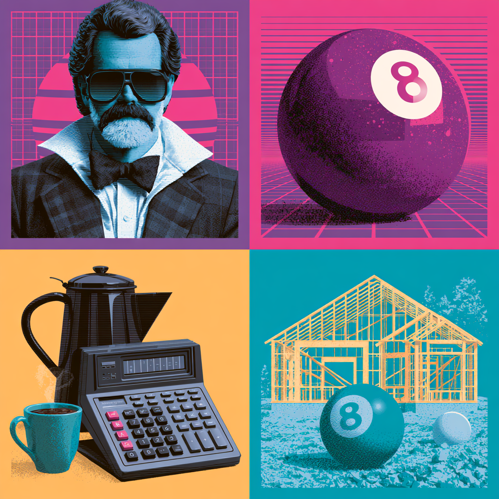 A collage with four sections featuring vintage and digital objects: top left shows a man with sunglasses, mustache, and tuxedo in a retro-futuristic style; top right displays a purple 8-ball with a grid background; bottom left features a coffee pot, a mug, and a calculator against an orange background; bottom right depicts a house frame with a large 8-ball and a golf ball in front of it, set against a textured background.
