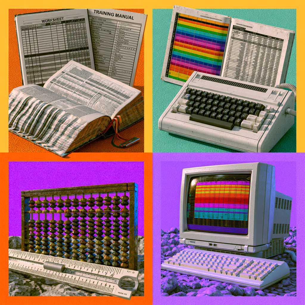 A collage image divided into four quadrants featuring vintage technology and charts. The top left quadrant shows open books, worksheets, and a training manual on an orange background. The top right quadrant displays an old dot matrix printer with a color chart, a graph, and a typewriter on a teal background. The bottom left quadrant features an abacus with a white ruler on a purple background. The bottom right quadrant presents an old CRT monitor displaying a colorful waveform, with a keyboard and rocks on a purple background.