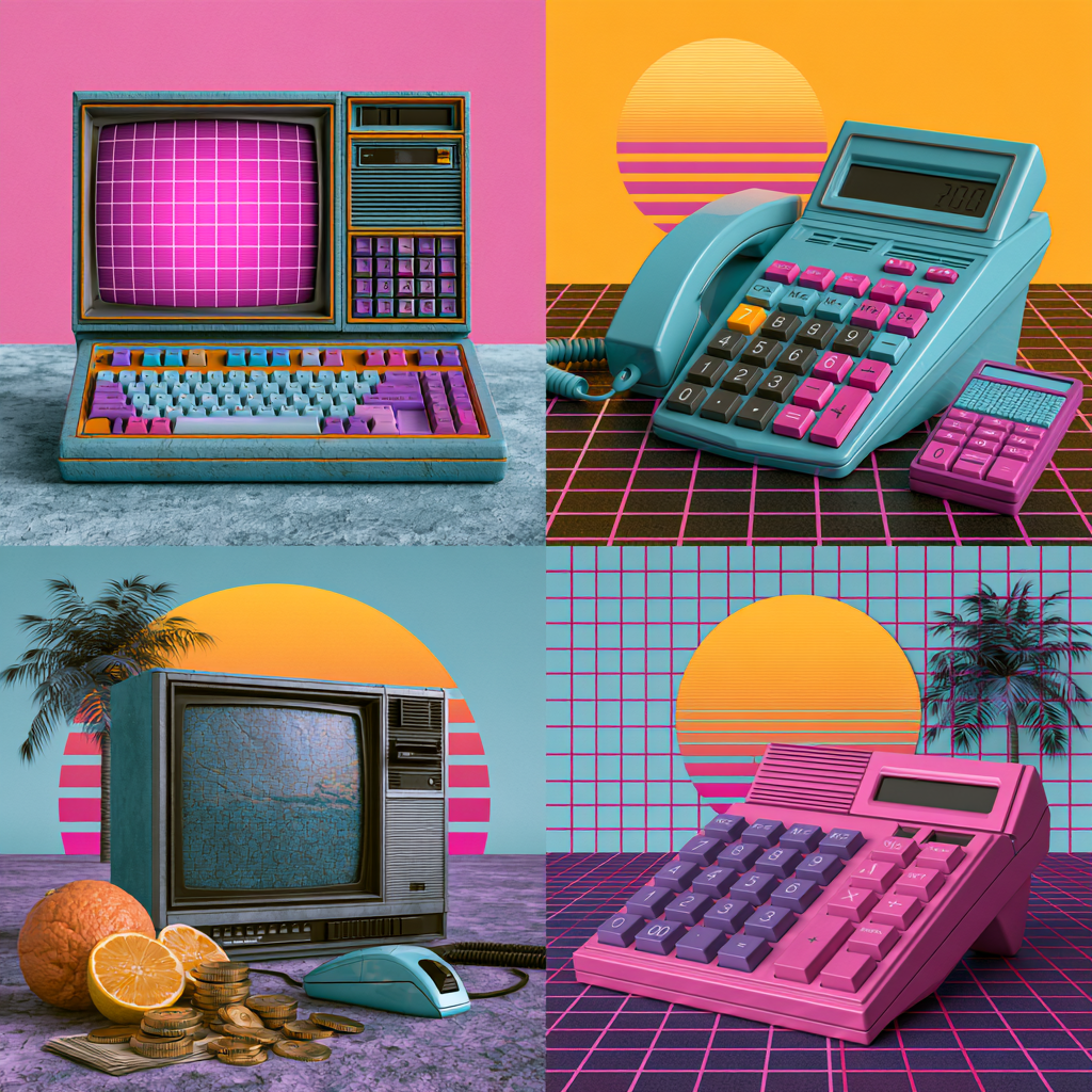 Four images of vintage technology set against retro 80s style backgrounds with neon colors and palm trees. Top left shows a vintage computer with a pink and purple screen and keyboard. Top right shows a colorful landline phone with a calculator and smaller device on grid-patterned surface. Bottom left depicts an old TV with a cracked screen, oranges, coins, and a computer mouse on textured surface. Bottom right features a large pink calculator with a grid-patterned background and sunset with palm trees.