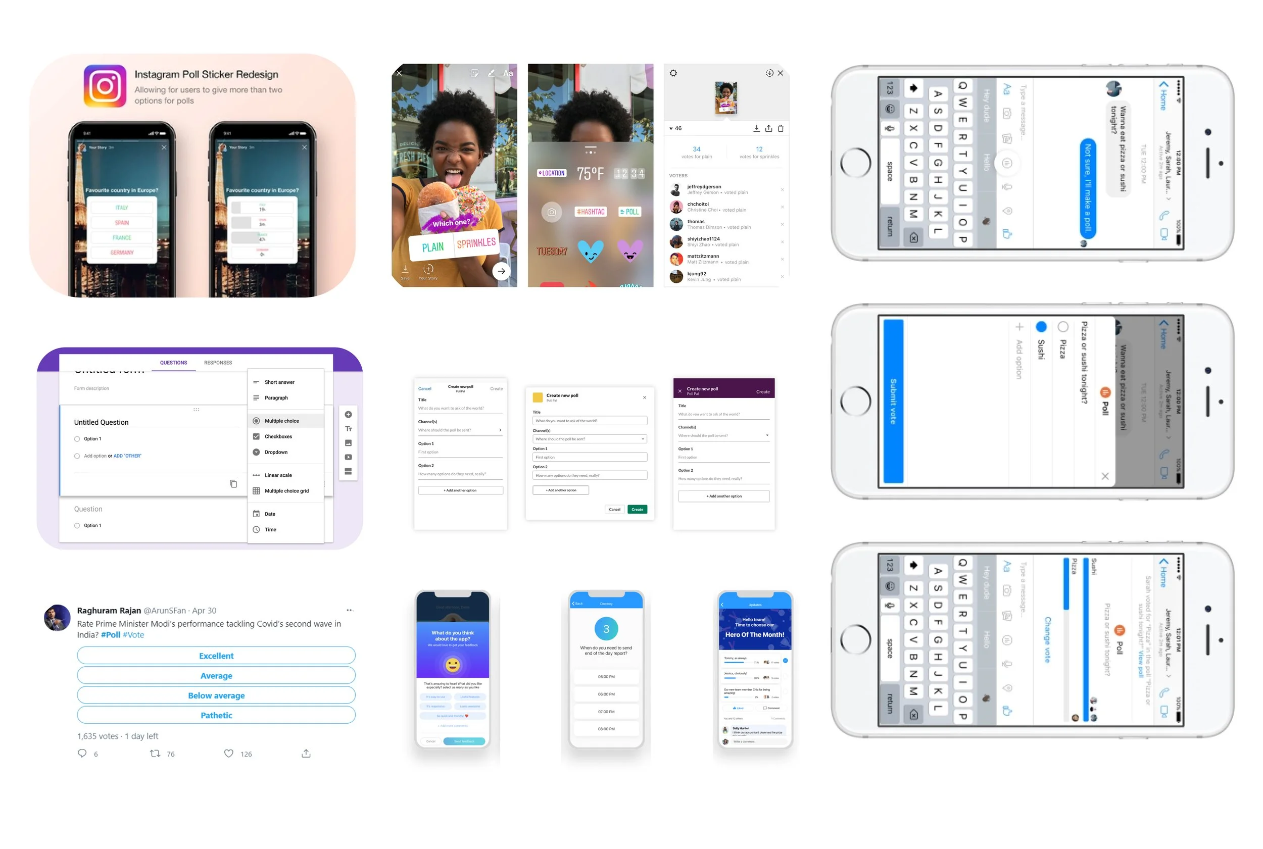 After receiving the project from Product Management, I began my process by researching articles on Poll UX/UI to get a greater sense of the space. Afterward, I created a visual competitive analysis to provide insight into the trends, flows, features,