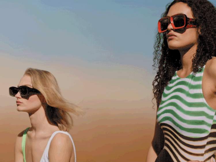 Animation of people wearing sunglasses and the NET-A-PORTER logo.