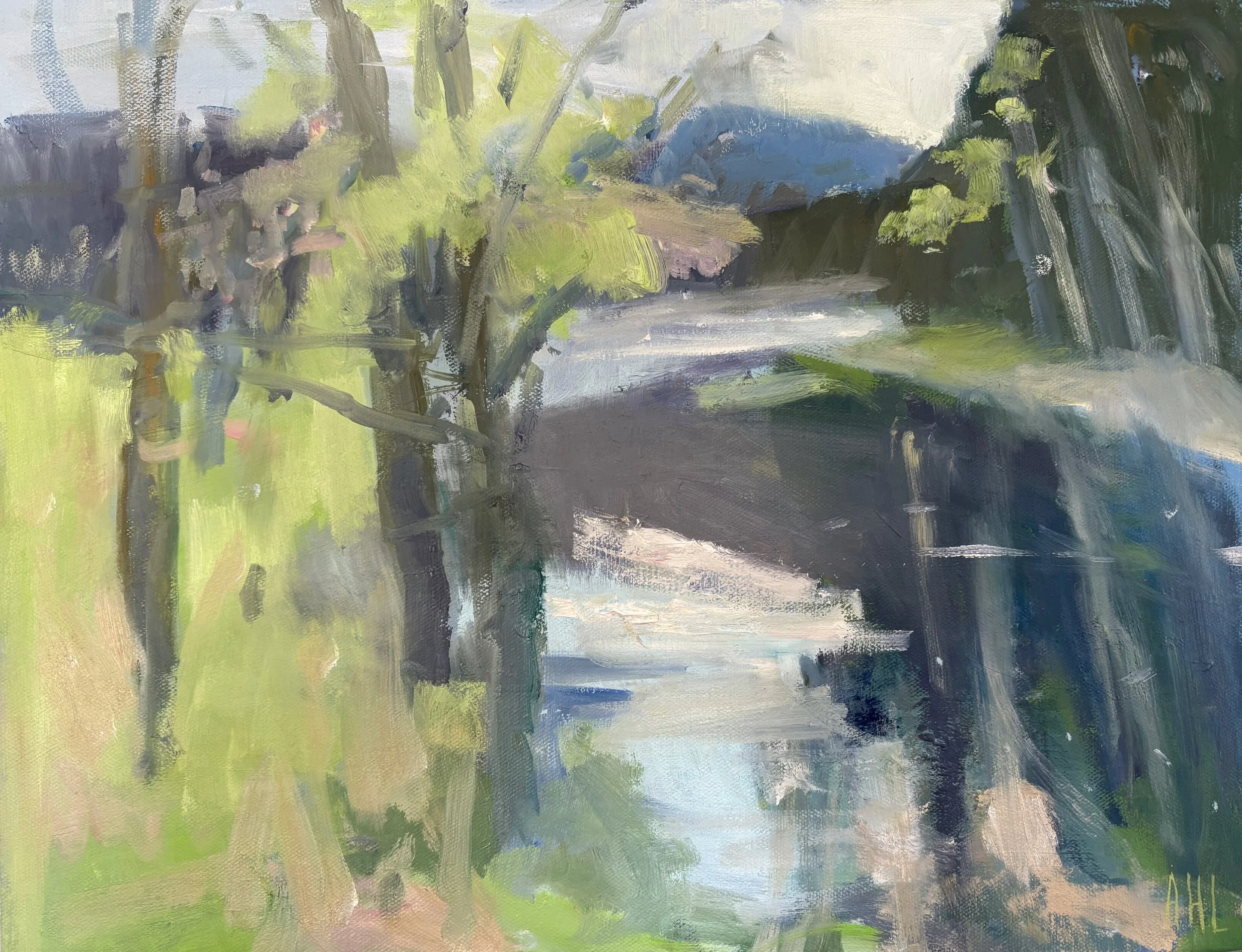 "Cowpasture River Shadows" (2026, oil on canvas, 15.5" x 20") **available at Bath County Arts Association Annual Art Show, Hot Springs, VA
