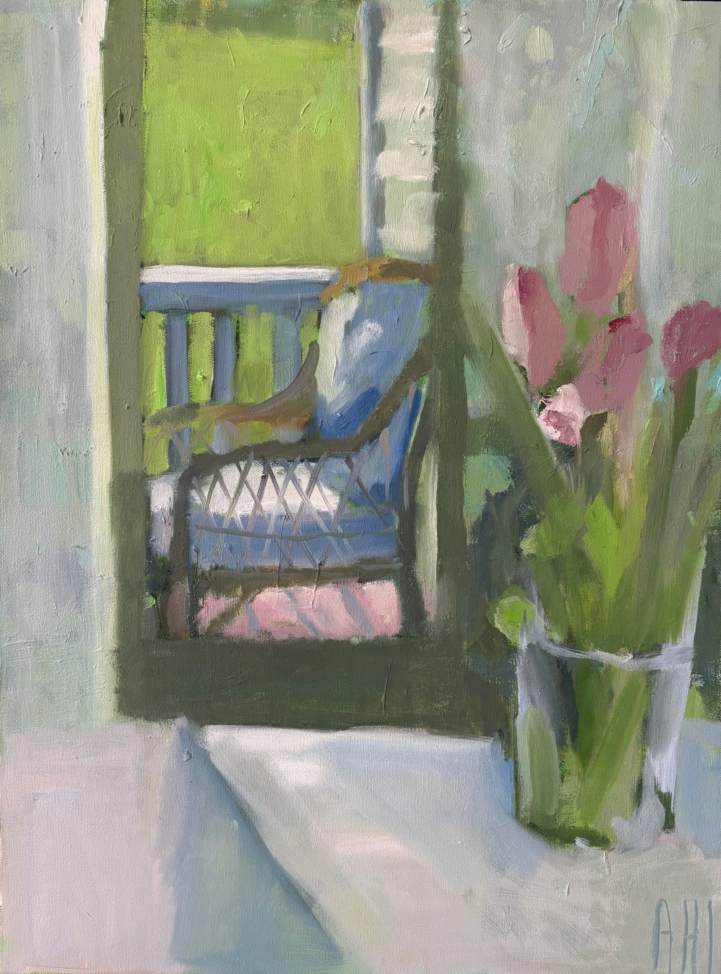 Pink Tulips and Porch Chair #1 (o/c 18x24) *available at Findings Art Gallery, Lynchburg VA    SOLD