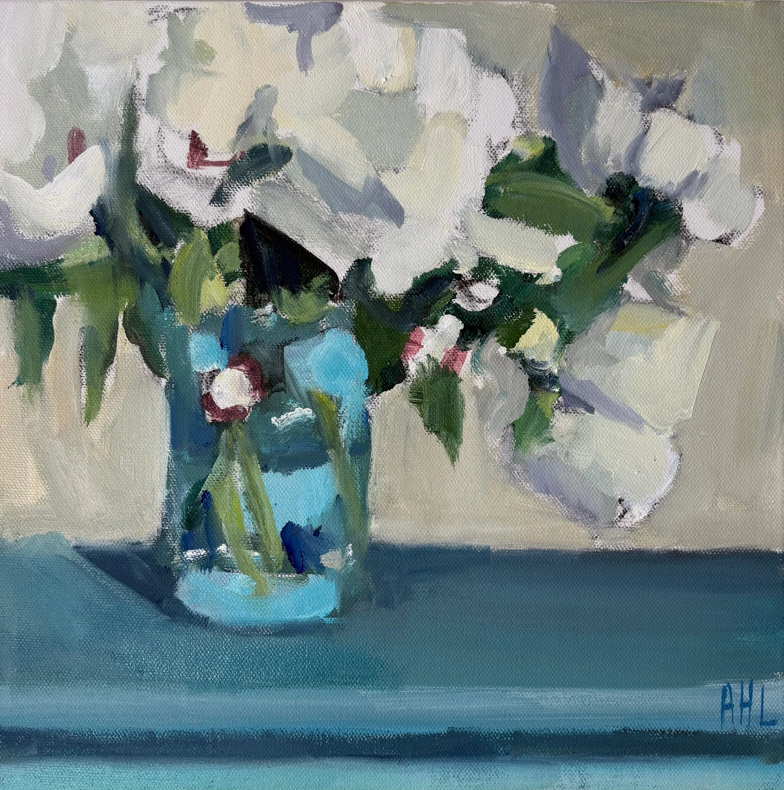 Peonies and Blue Mason Jar (o/c 12"x12")  

*available at The Willard Gallery, South Portland, ME