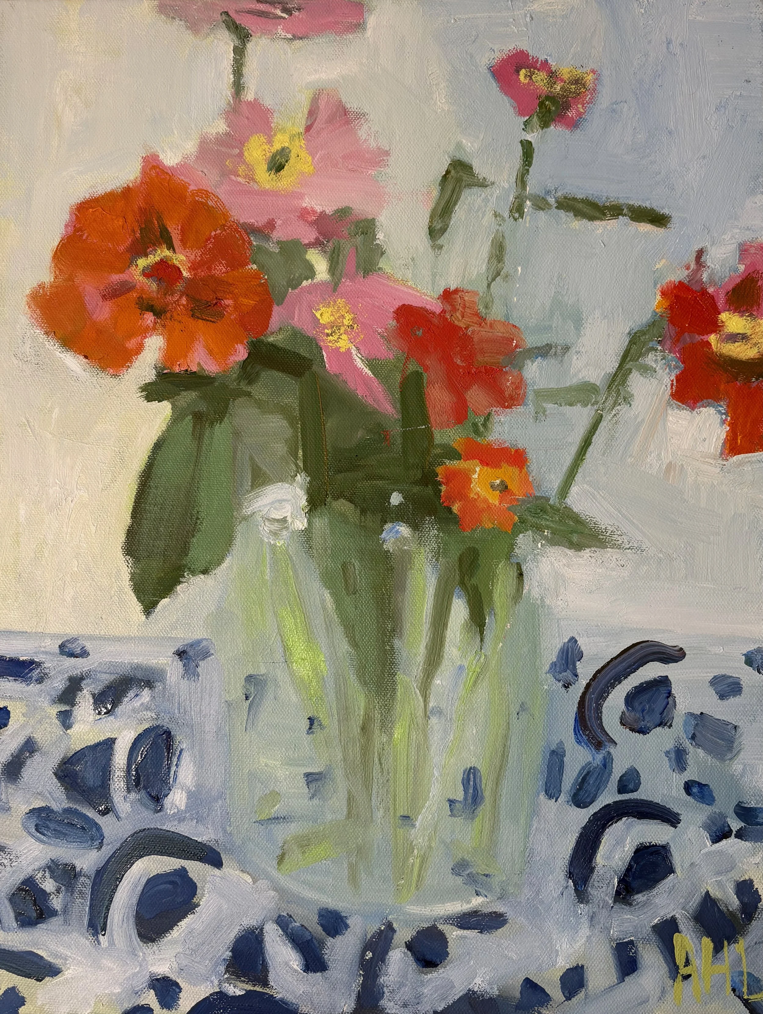 "Zinnia and Blue and White" (o/c, 14"x18") 

*available at The Willard Gallery, S. Portland ME