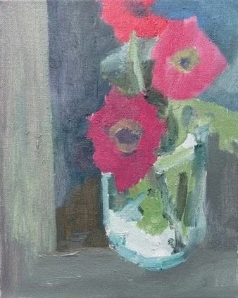 Late August Zinnias #1 (2025, oil on canvas, 8 in x 10 in)