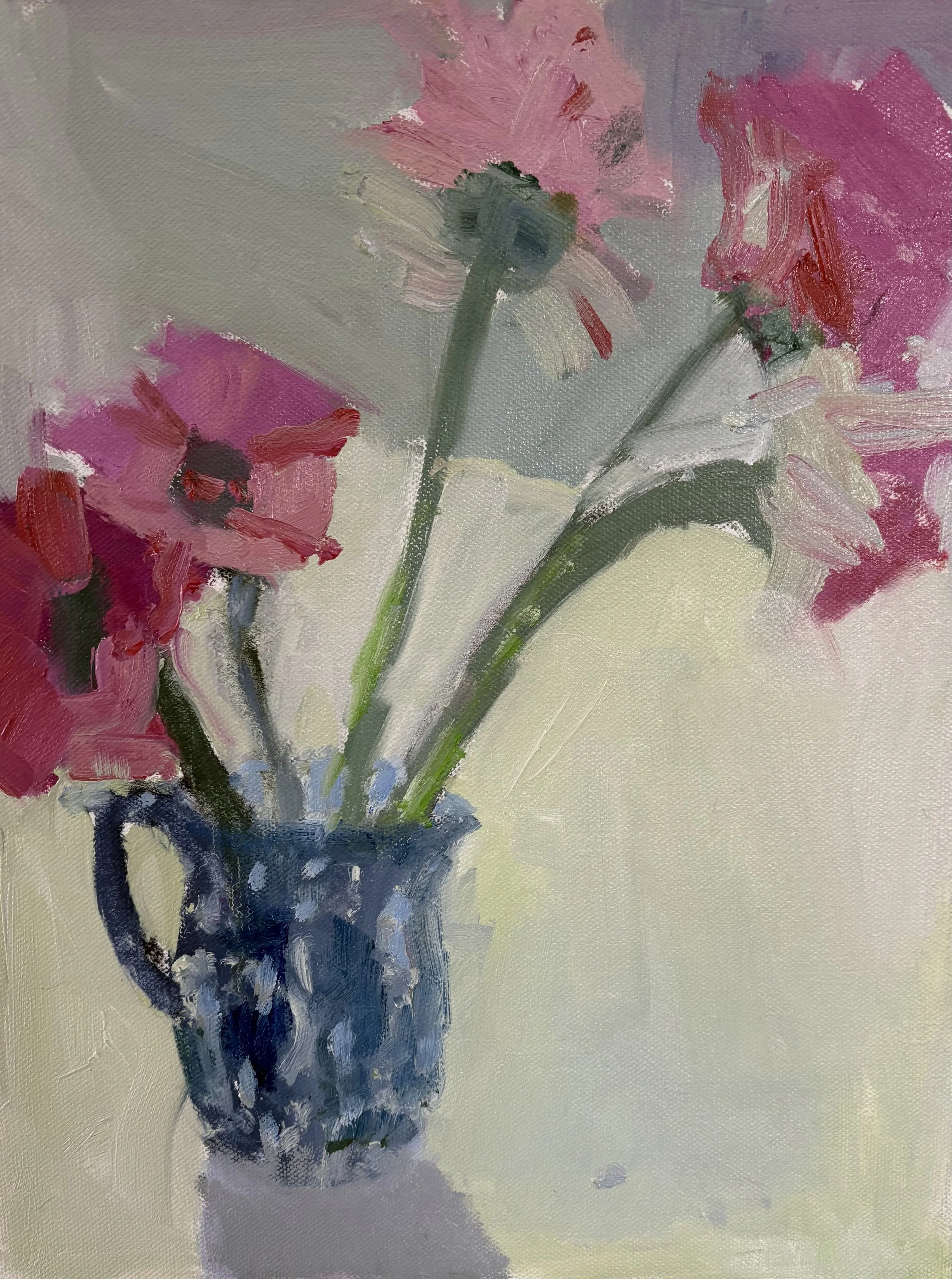 Spindly Gerber Daisies in Spongeware (2026, oil on canvas, 11"x14") 

*available at Warm Springs Gallery, Warm Springs, VA