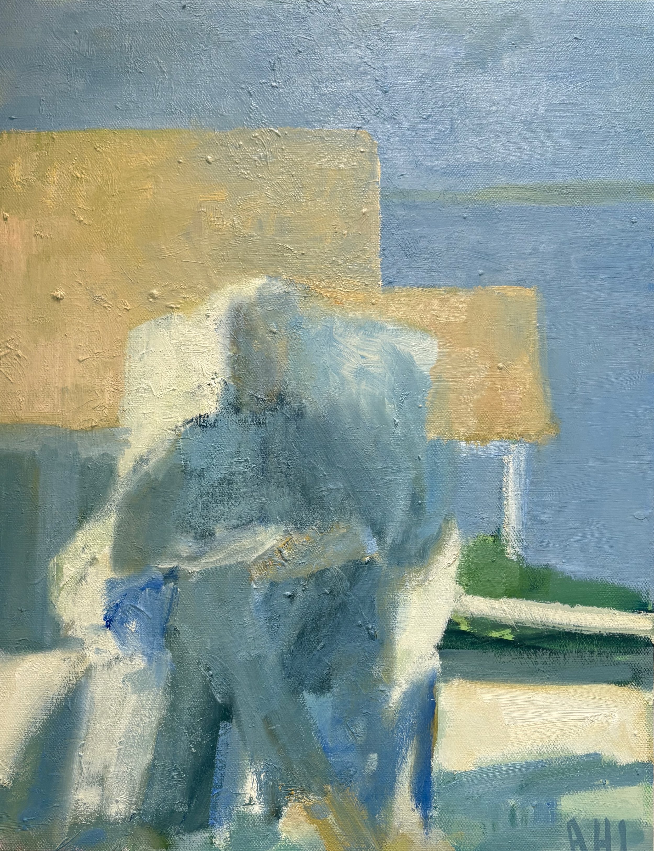 Deck Reader (2025, oil on canvas, 14 in x 18 in) *available at The Willard Gallery, S. Portland, ME