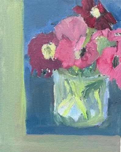 Late August Zinnias #3 (2025, oil on canvas, 8 in x 10 in)