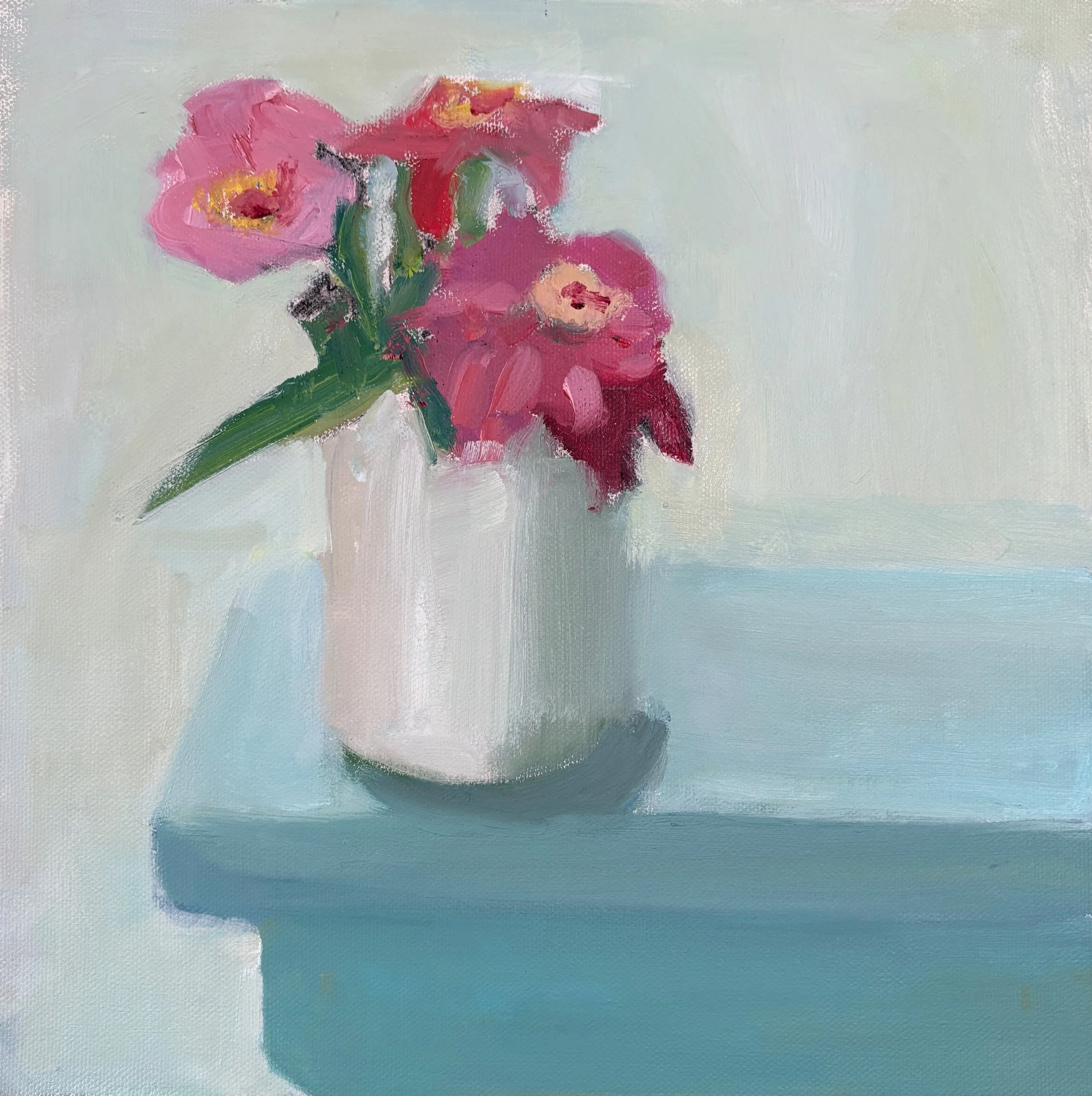 Zinnias in Mustard Pot (2025, o/c, 12"x12") *available at Willard Gallery, S. Portland, ME