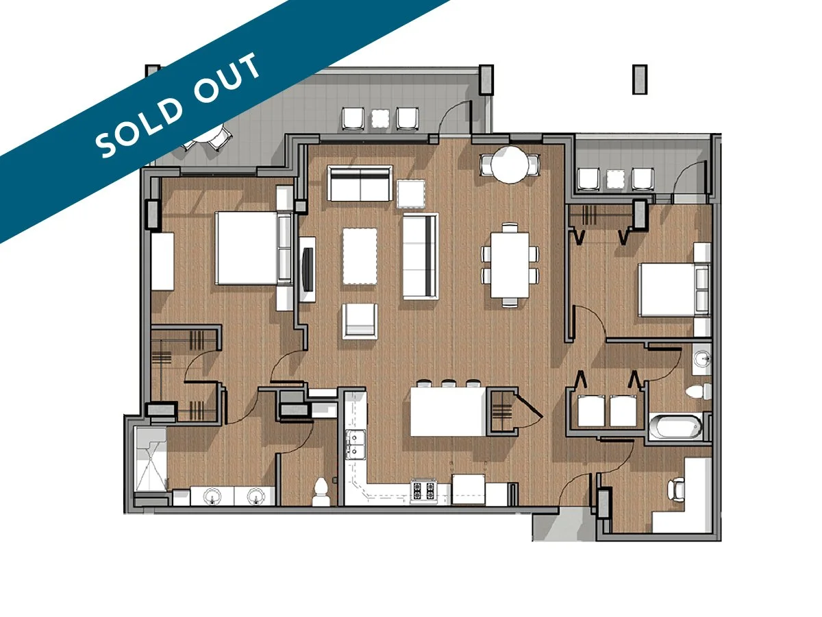 Floor plan of an apartment with two bedrooms, a living room, kitchen, bathrooms, and balconies, labeled 'ONLY 1 LEFT (A)' in the top left corner.
