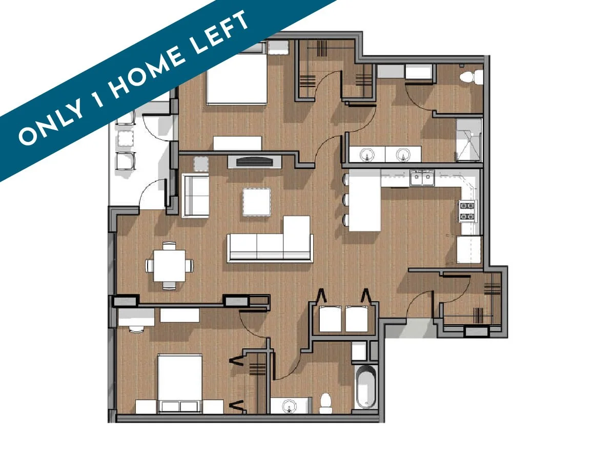 Floor plan of a three-bedroom apartment with living room, kitchen, dining area, two bathrooms, and closets