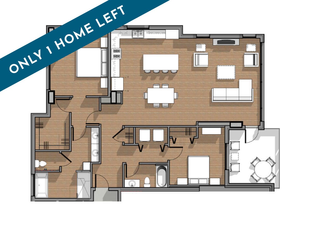 Floor plan of a house with three bedrooms, two bathrooms, a kitchen, a living room, and a dining area. The layout shows furniture placement and room divisions.