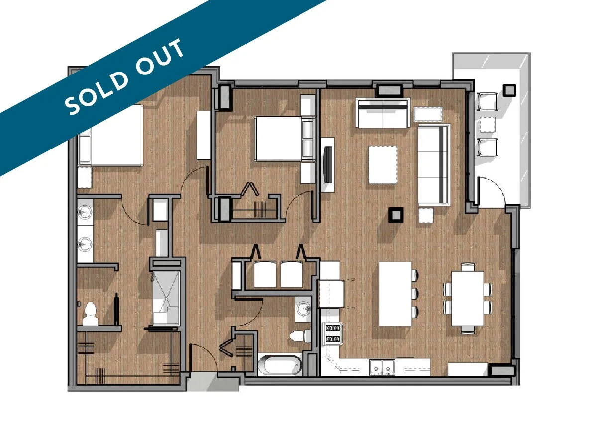 Floor plan of a two-bedroom apartment with a living room, kitchen, dining area, bathroom, and balcony.