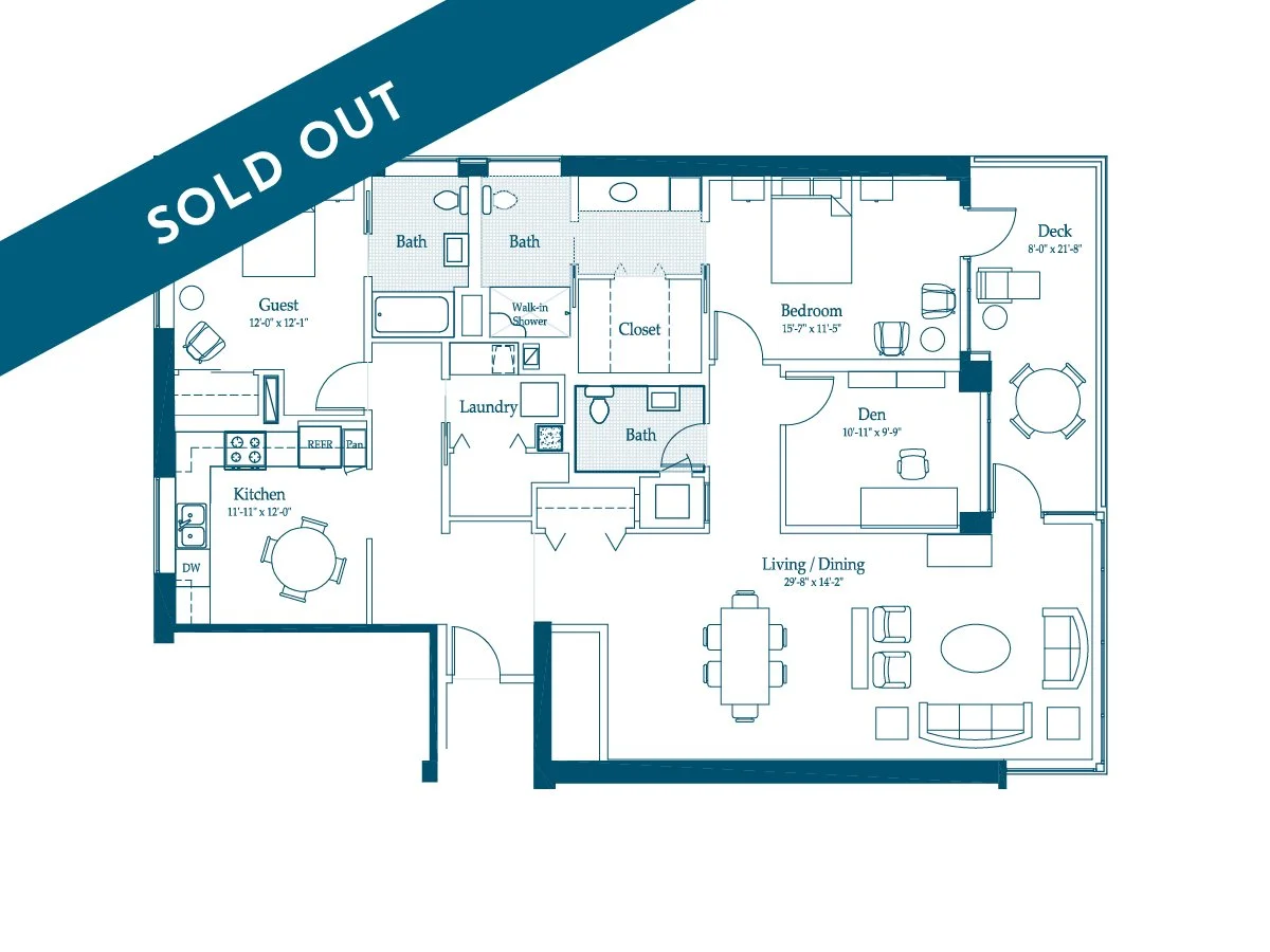 Floor plan of a house with labeled rooms including living/dining room, kitchen, guest bedroom, bedroom, den, bathrooms, laundry, closet, and outdoor deck.