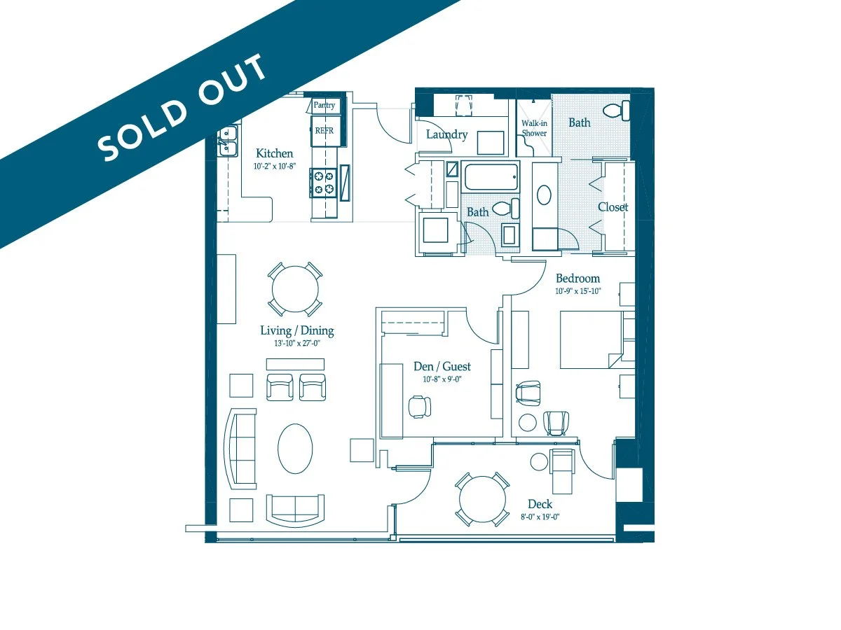 Floor plan of a one-bedroom apartment with a living/dining room, kitchen, bedroom, den/guest room, two bathrooms, laundry area, walk-in shower, closet, and a deck.