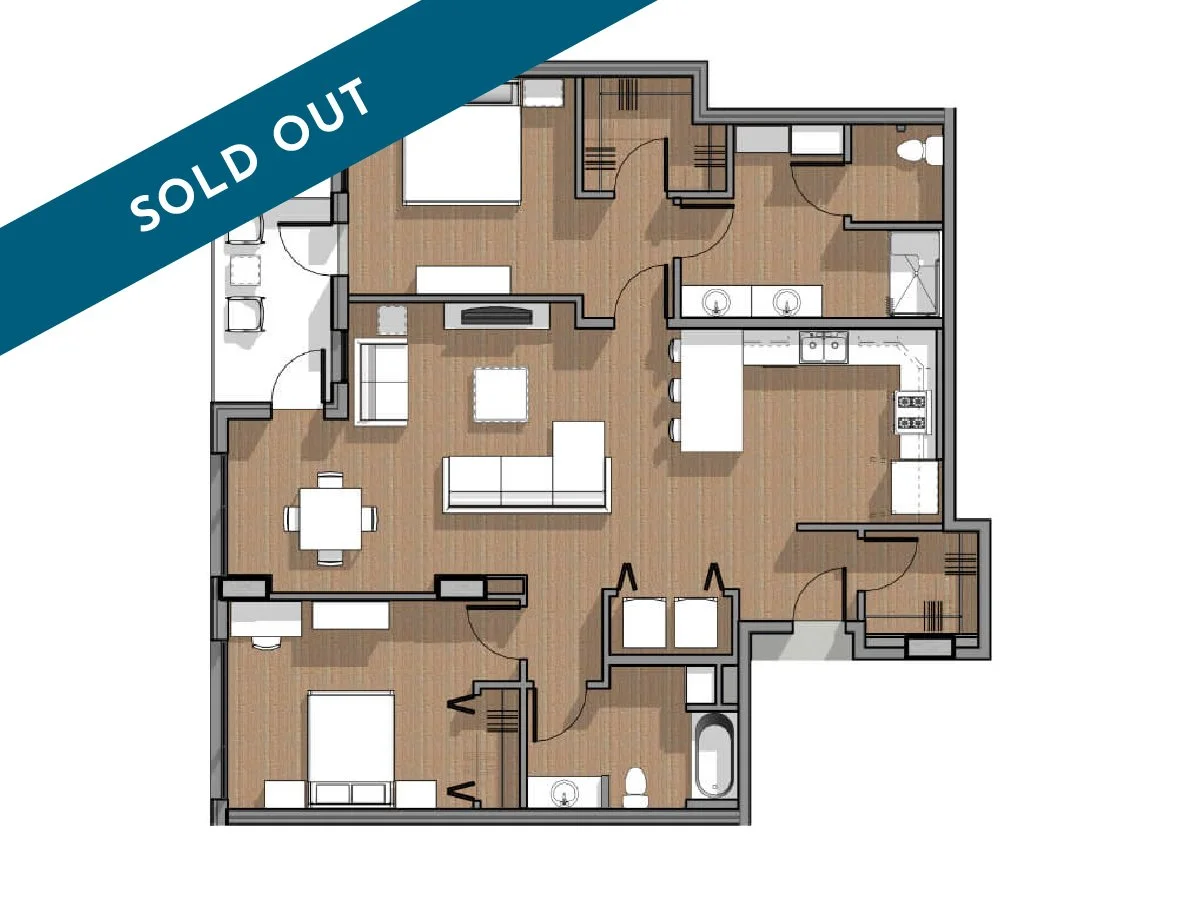 Floor plan of a three-bedroom apartment with living room, kitchen, dining area, two bathrooms, and closets