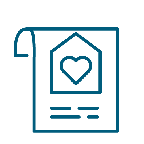 A notepad with a heart drawing inside a house shape and some lines of text underneath.