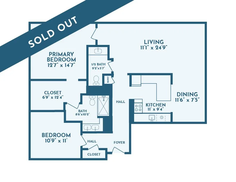 Floor plan of an apartment showing a primary bedroom, bedroom, two bathrooms, kitchen, living room, dining area, foyer, hallways, and closets.