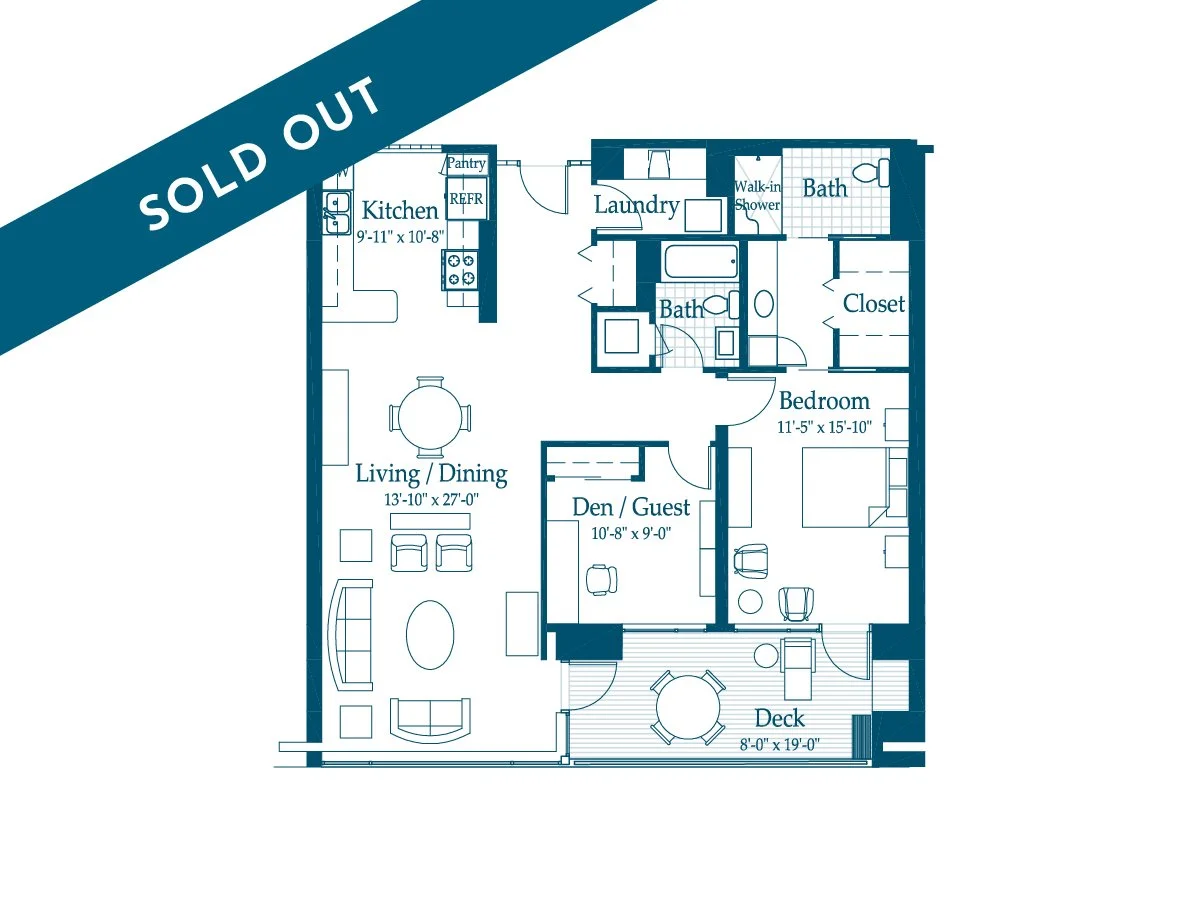 Floor plan of a residence showing rooms including living/dining area, kitchen, laundry, two bathrooms, bedroom, den/guest room, walk-in closet, and outdoor deck.
