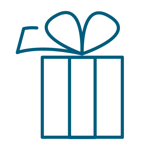 A simple line drawing of a gift box with a bow on top.