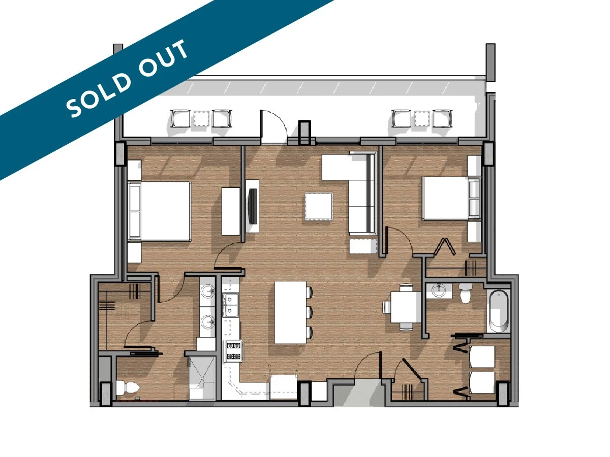 Floor plan of a modern apartment with two bedrooms, two bathrooms, a kitchen, and a balcony.