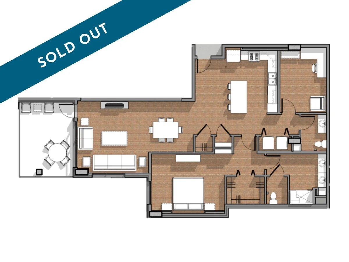Floor plan of a house with three bedrooms, two bathrooms, a kitchen, living and dining areas, and a balcony, marked as sold out.