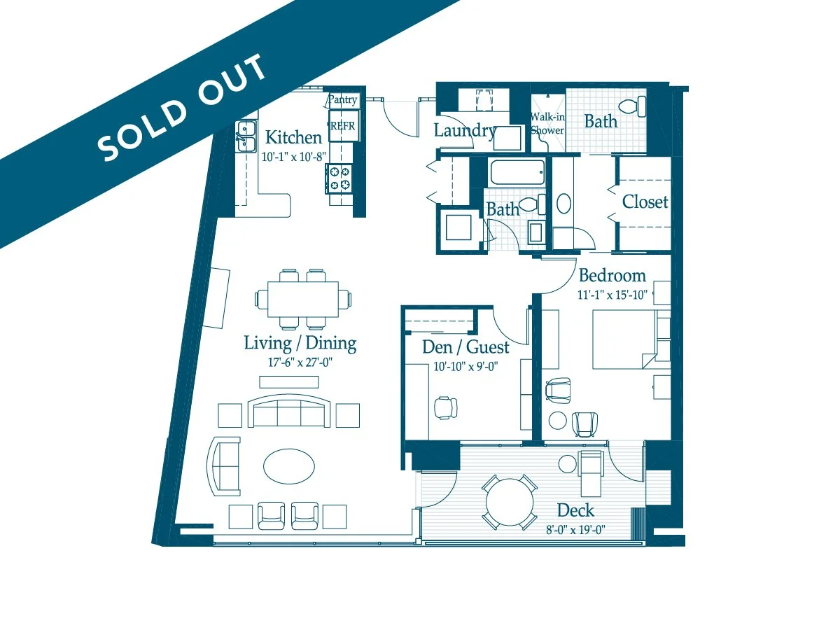 Floor plan of an apartment with labeled rooms including kitchen, living/dining room, den/guest room, bedroom, two bathrooms, laundry, walk-in shower, closet, and deck.