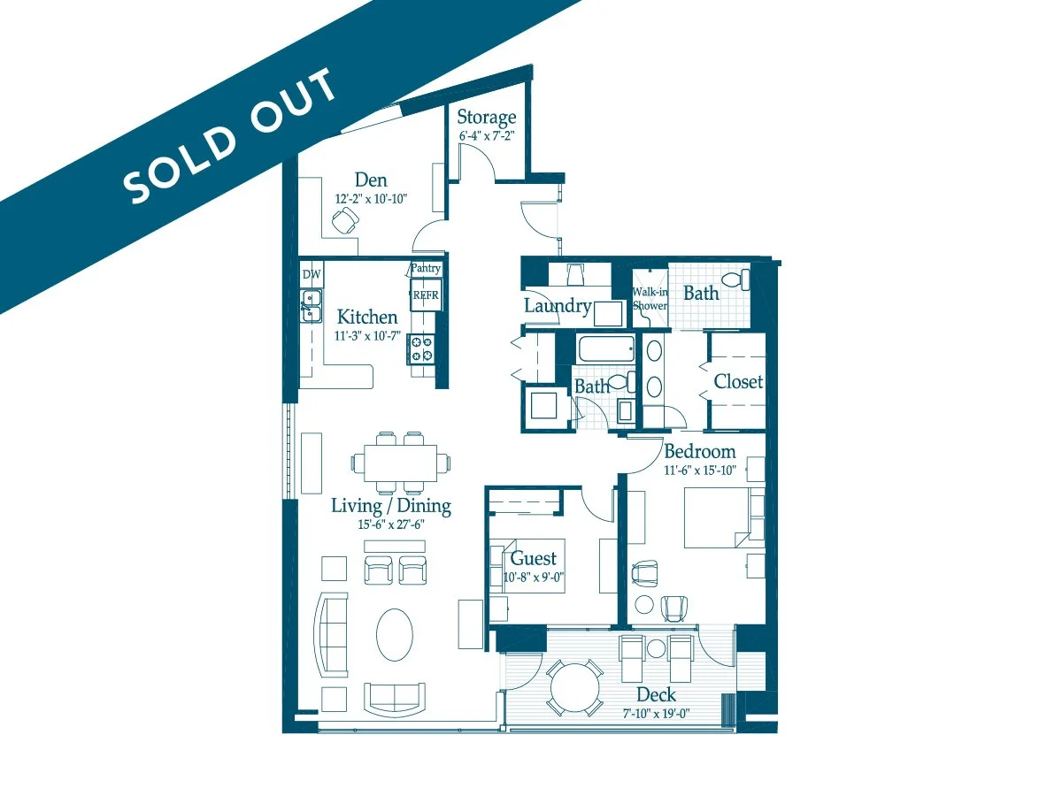 Floor plan of an apartment with labeled rooms including living/dining room, kitchen, guest bedroom, bedroom, bathrooms, laundry, storage, den, closet, and deck.