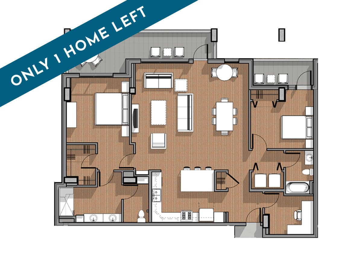 Floor plan of an apartment with two bedrooms, a living room, kitchen, bathrooms, and balconies, labeled 'ONLY 1 LEFT (A)' in the top left corner.