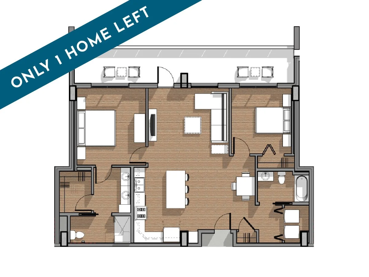 Floor plan of a modern apartment with two bedrooms, two bathrooms, a kitchen, and a balcony.