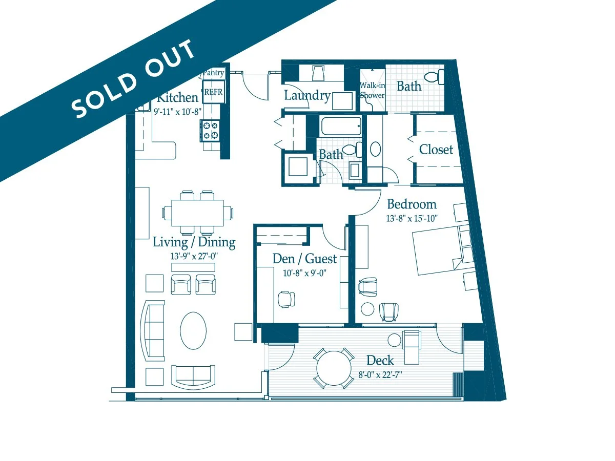 Floor plan of a residential apartment with labeled rooms including kitchen, living/dining area, bedroom, den/guest room, two bathrooms, laundry, walk-in shower, closet, and deck.