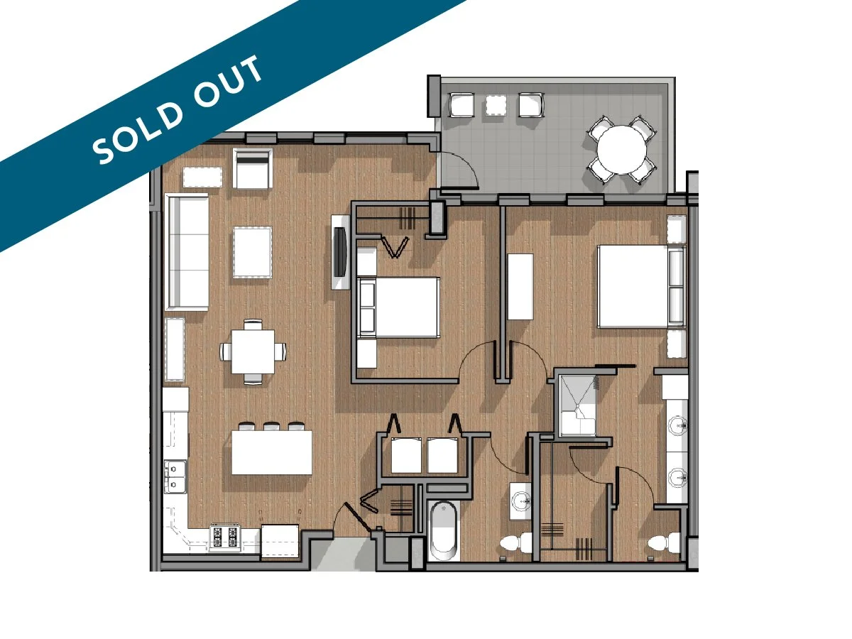 Floor plan of an apartment with a living room, kitchen, two bedrooms, two bathrooms, and a balcony with outdoor seating.