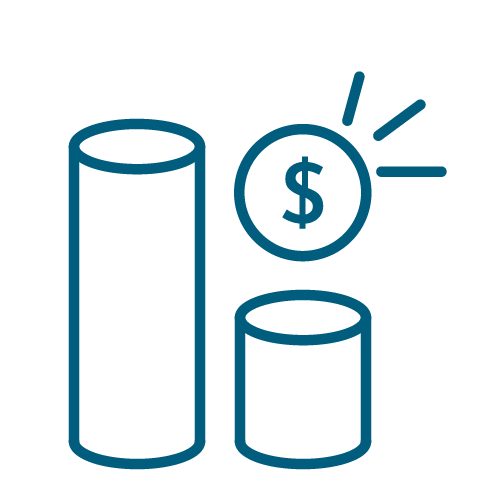 A bar graph depicting financial growth with two cylindrical bars, and a dollar sign with lines indicating emphasis or increase.