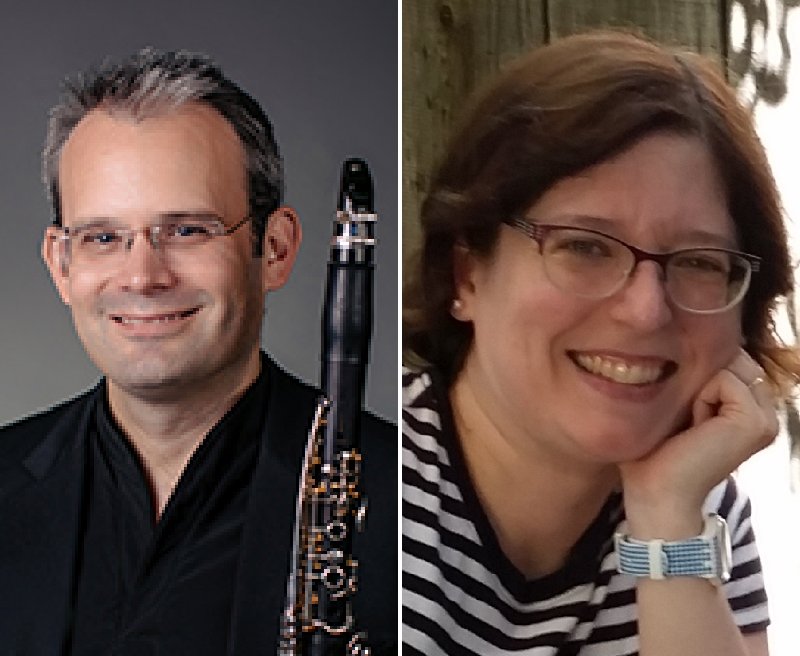 Split-screen photo of a man with glasses holding a clarinet on the left, and a woman with glasses smiling and resting her chin on her hand outdoors on the right.