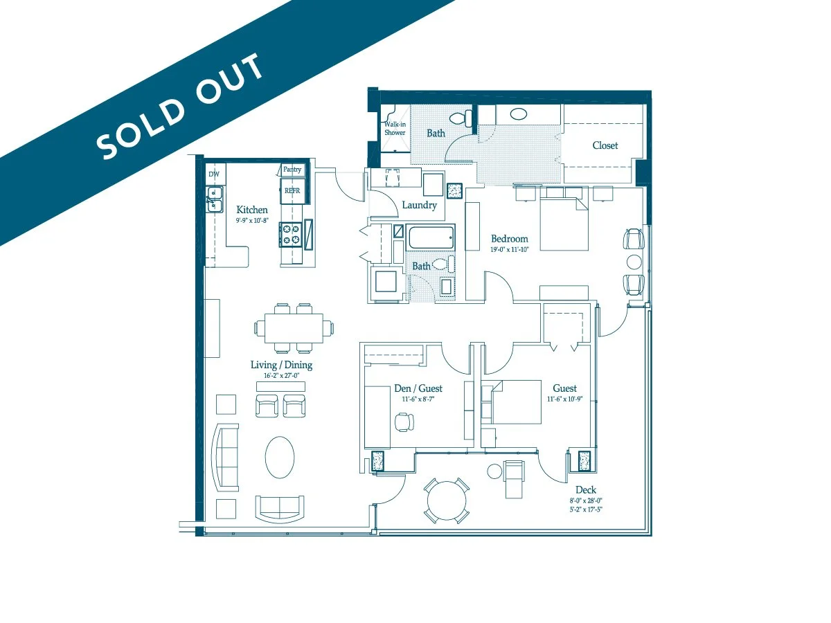 Floor plan of a house with labeled rooms including a living/dining area, kitchen, two bedrooms, two bathrooms, laundry room, den/guest room, and a deck.