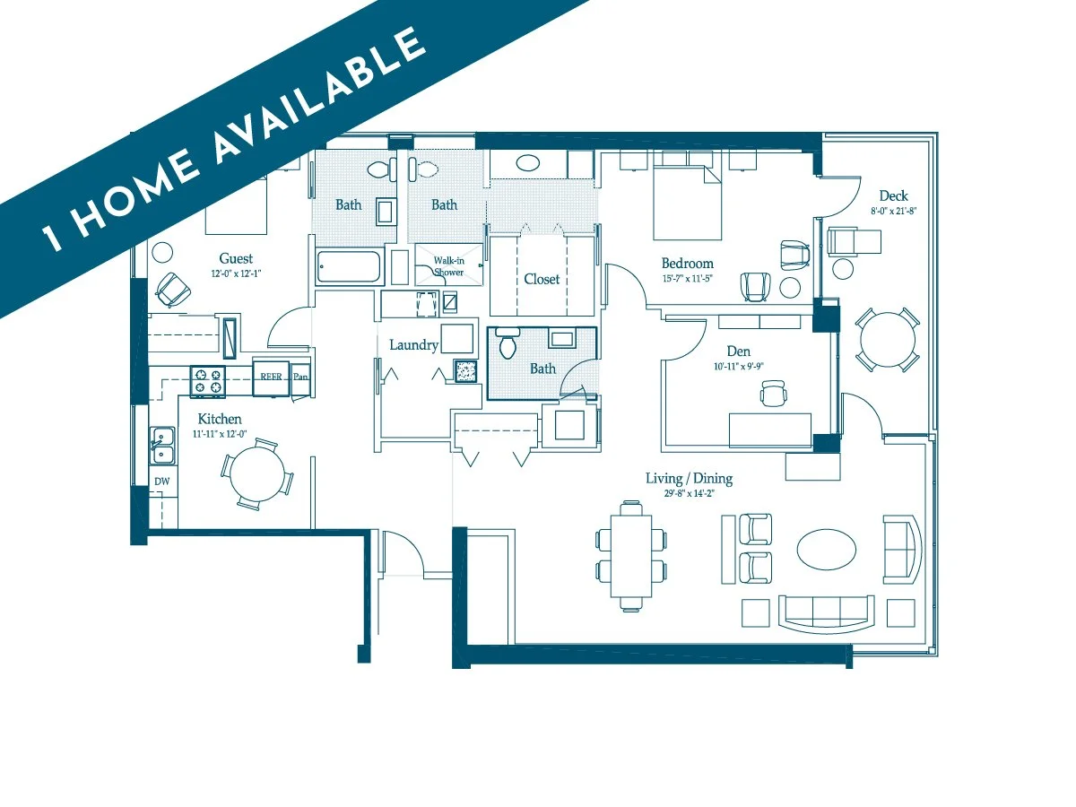 Floor plan of a house with labeled rooms including living/dining room, kitchen, guest bedroom, bedroom, den, bathrooms, laundry, closet, and outdoor deck.