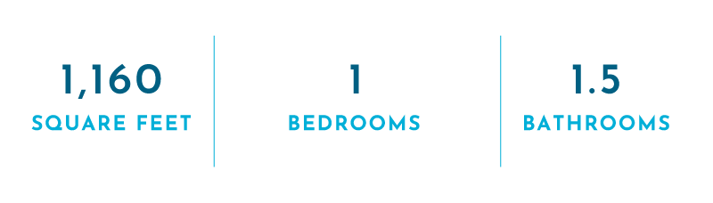 Information about a home: 1,160 square feet, 1 bedroom, 1.5 bathrooms.