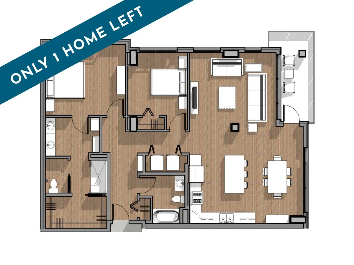 Floor plan of a two-bedroom apartment with a living room, kitchen, dining area, bathroom, and balcony.