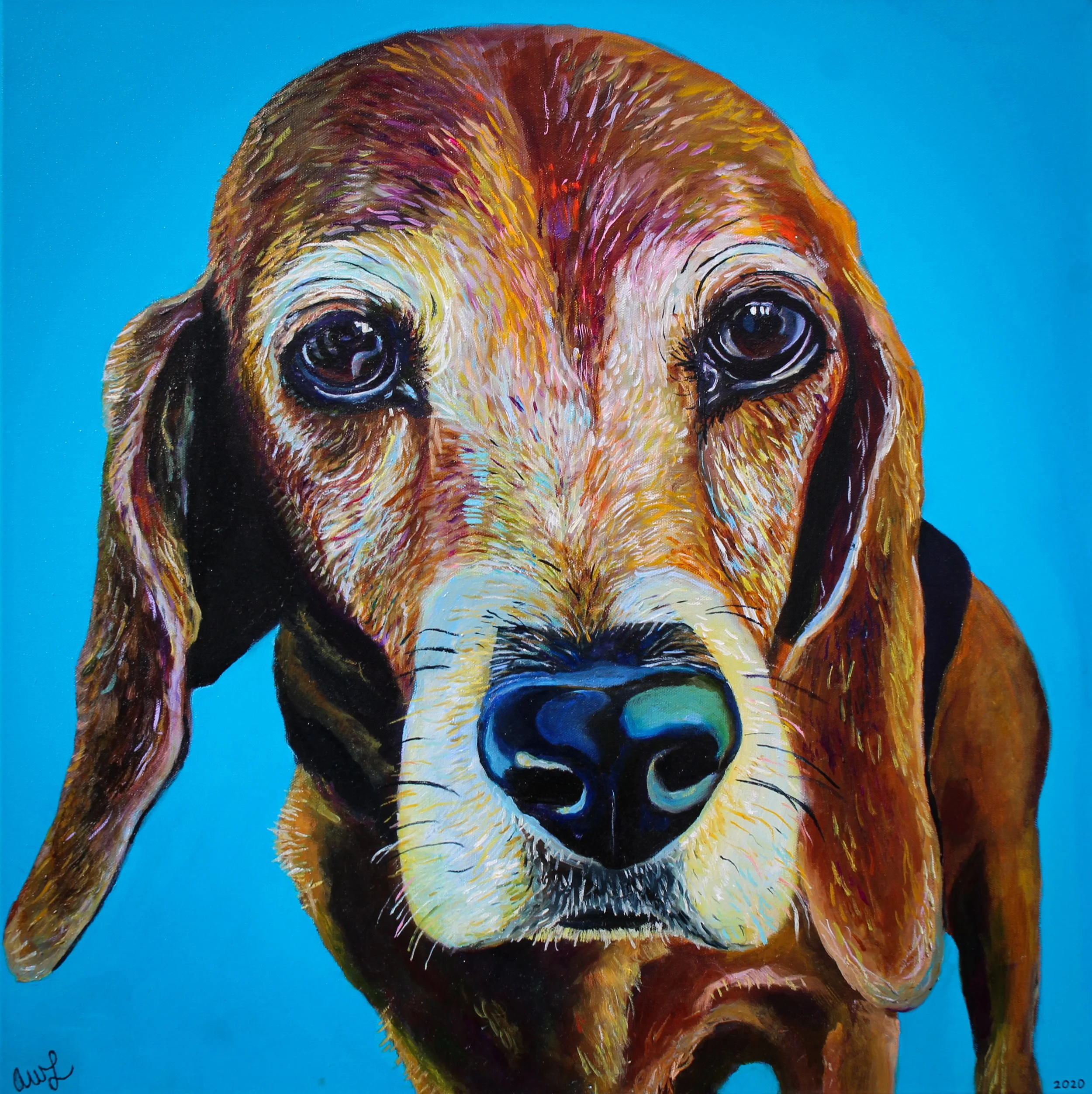 A colorful painting of a dog with large, expressive eyes and long ears, set against a bright blue background.