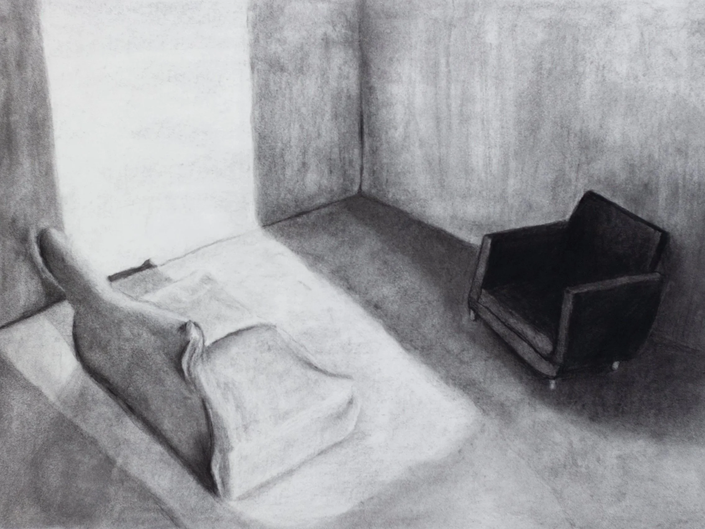 a charcoal drawing of a therapist's office. stark and psychologically powerful. tension. therapy termination. 
